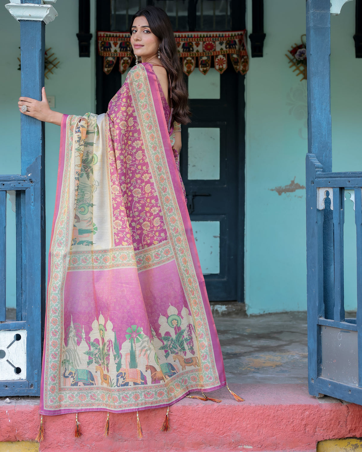 Magenta pink handloom cotton saree with floral vines royal elephant procession pallu
