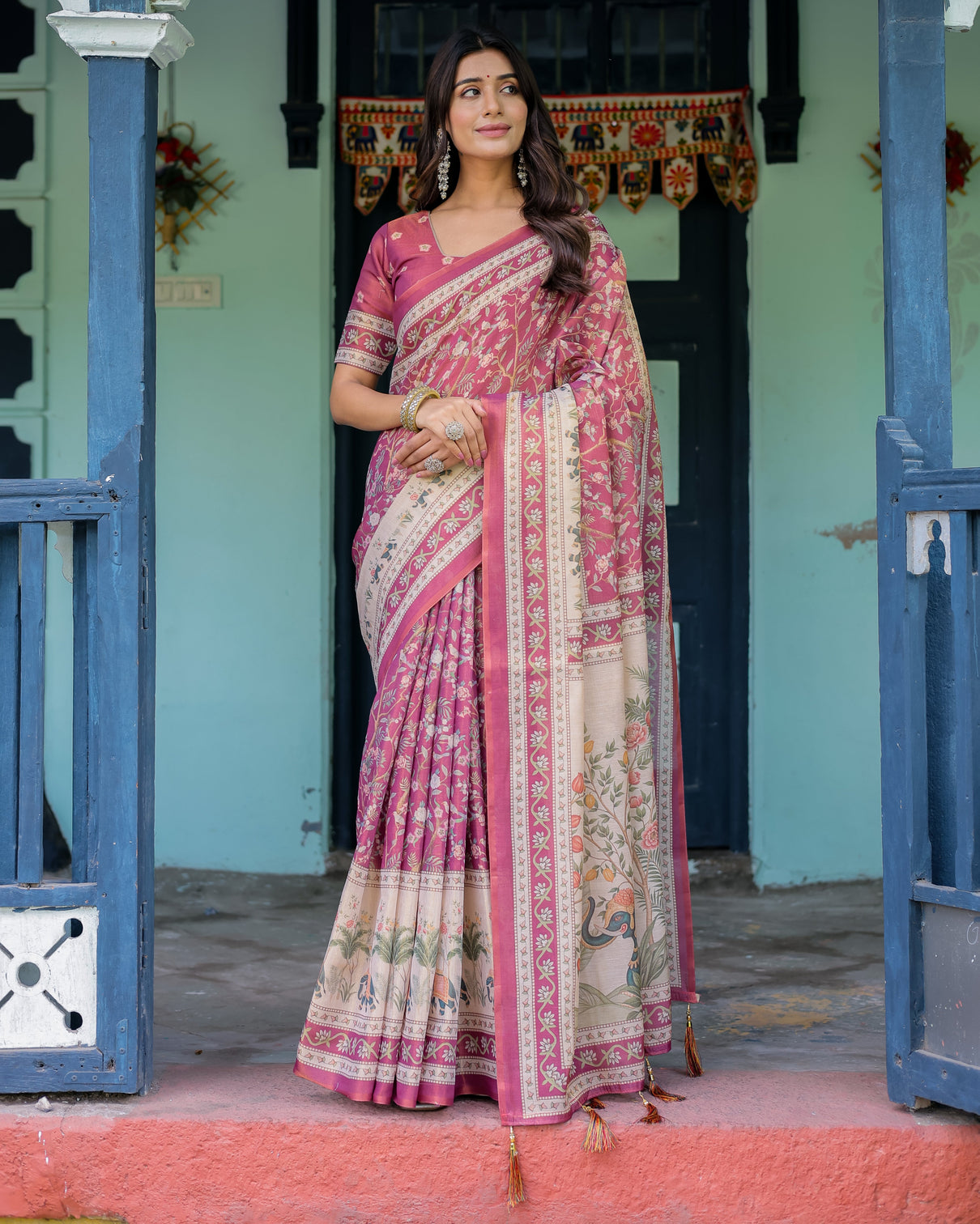 Rose pink handloom cotton saree with ivory elephant procession pallu floral print mameraa