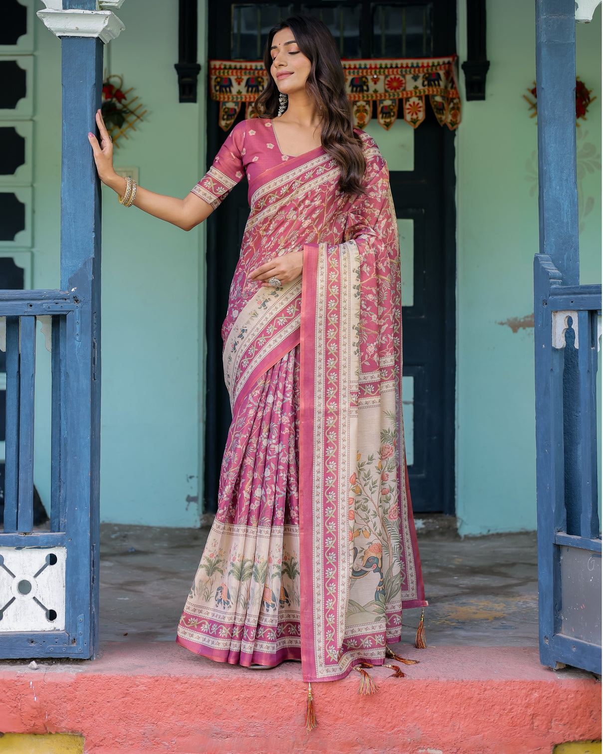 Rose pink handloom cotton saree with ivory elephant procession pallu floral print