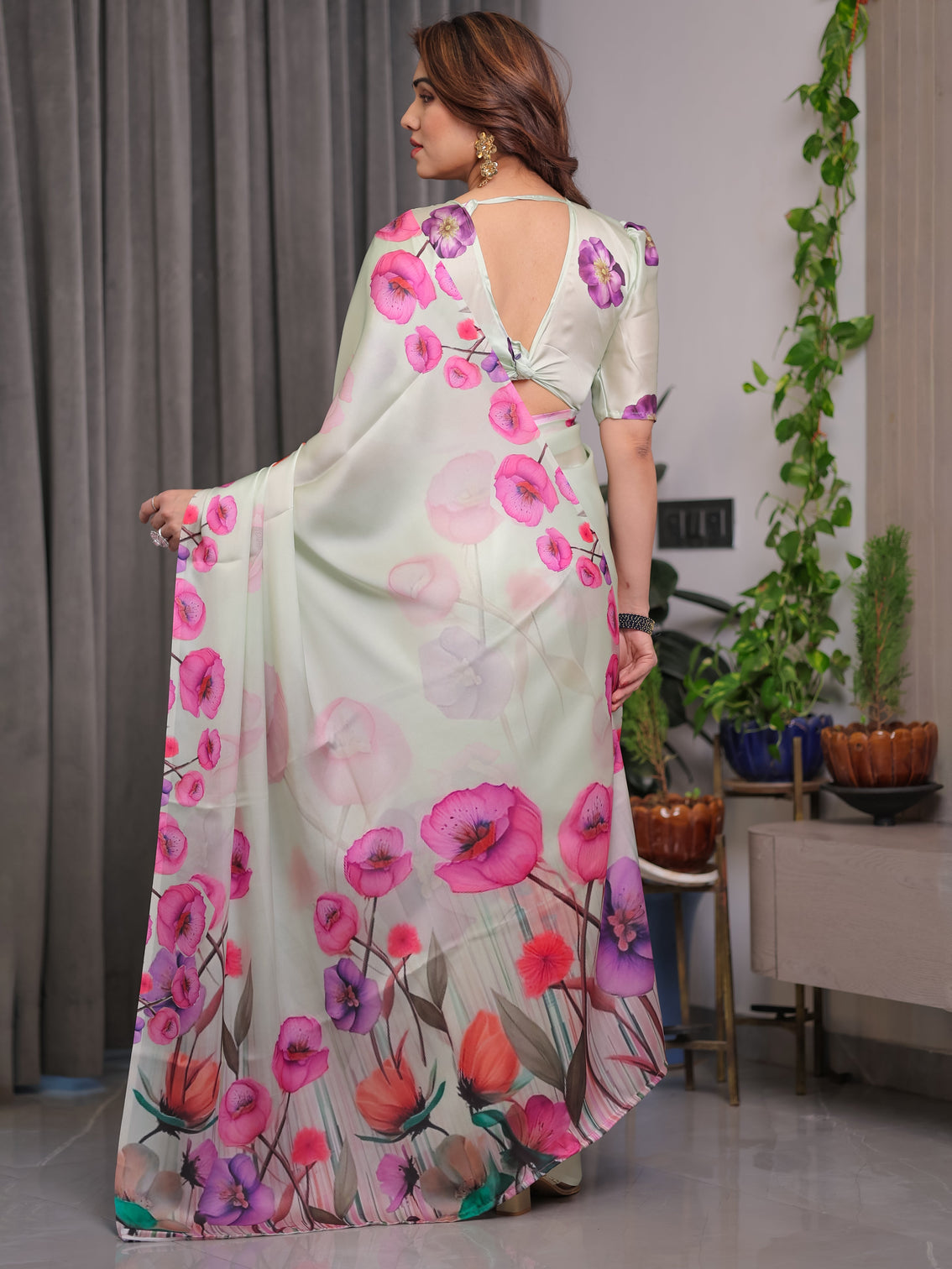 Mint green satin georgette floral printed saree with attached blouse soft pastel designer saree with watercolor bloom detailing