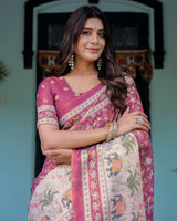 Rose Pink Handloom Cotton Saree with Ivory Elephant Procession Pallu & Floral Print