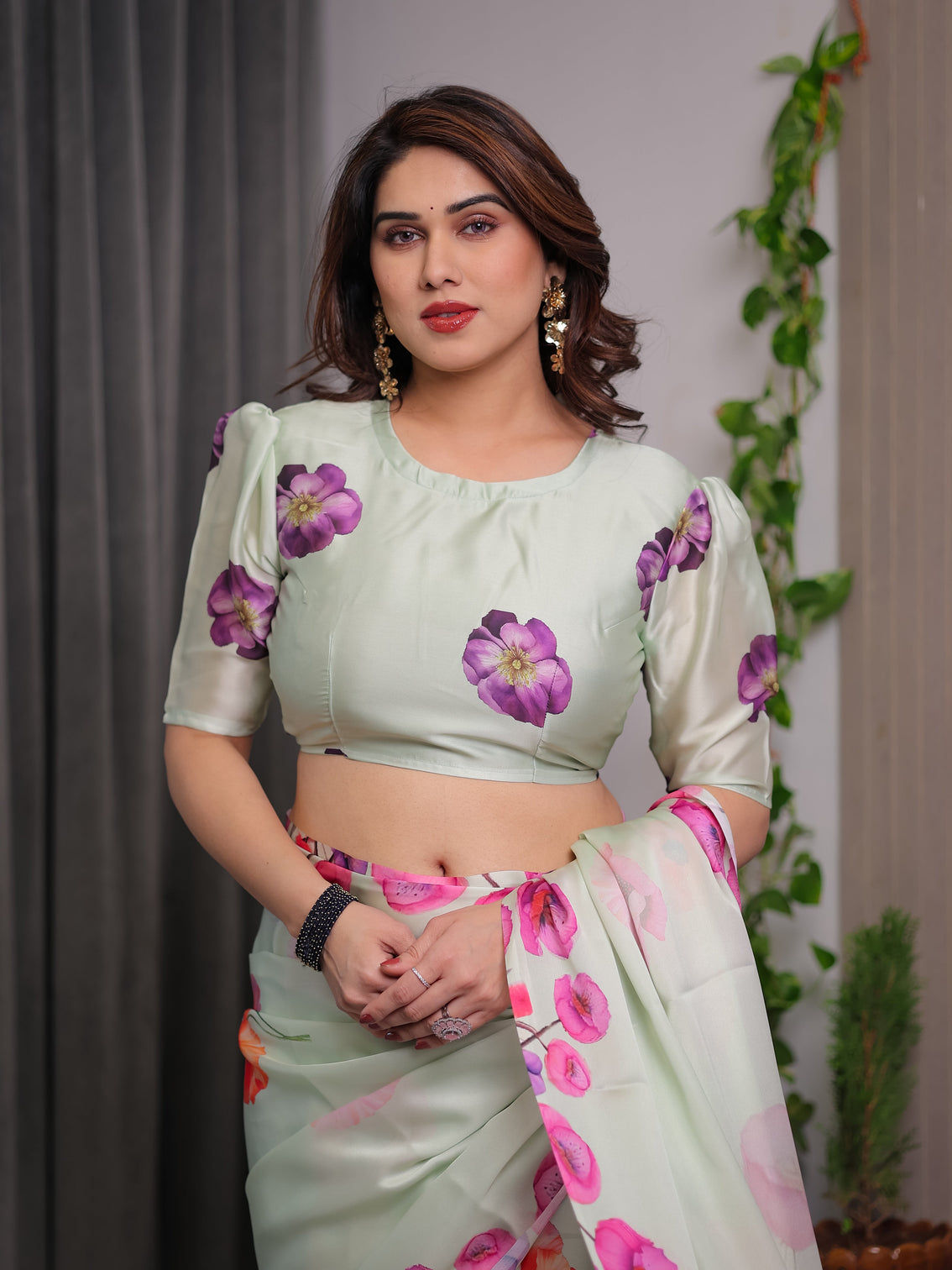 Mint green satin georgette floral printed saree with attached blouse soft pastel designer saree with watercolor bloom detailing