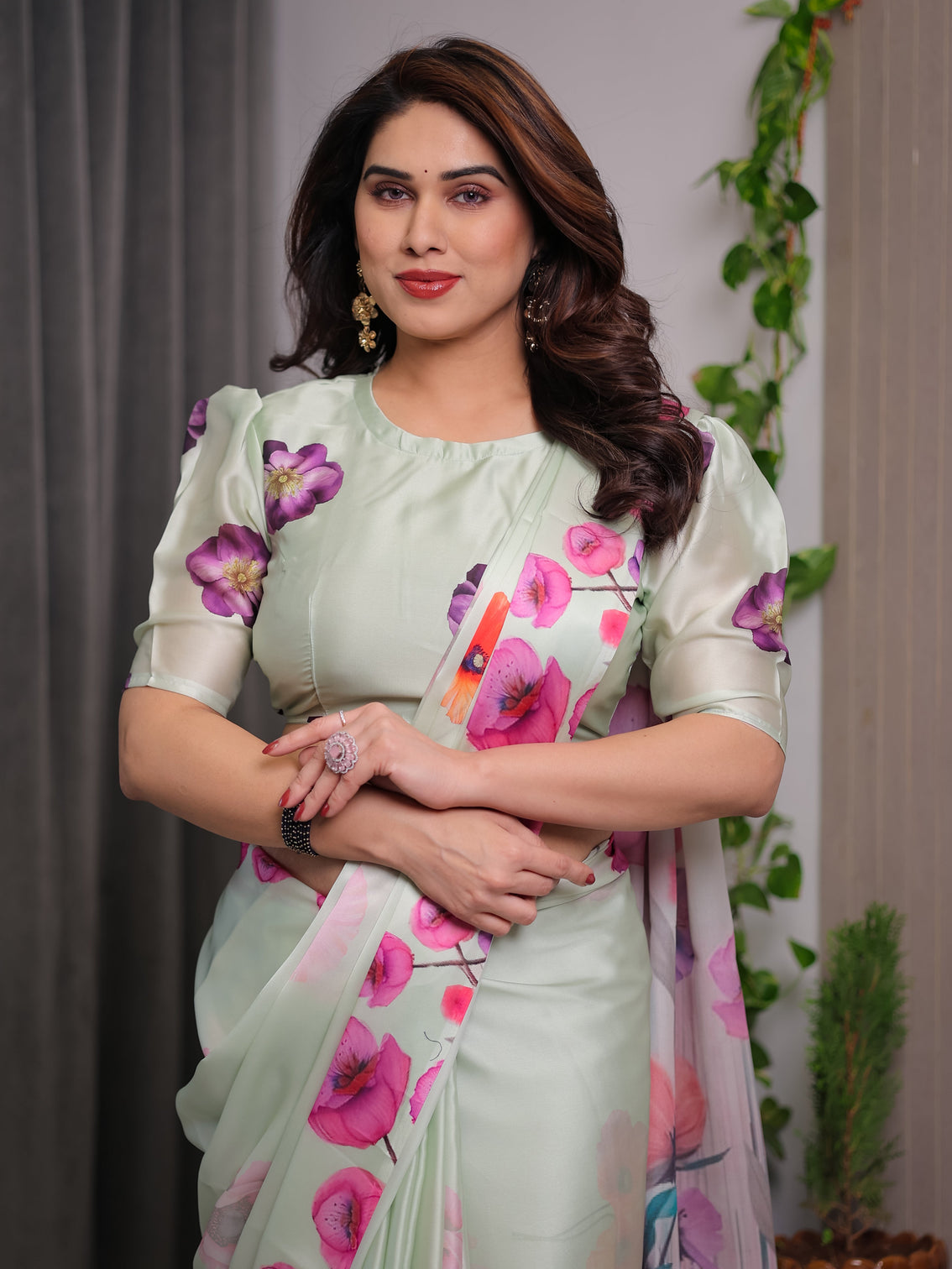 Mint green satin georgette floral printed saree with attached blouse soft pastel designer saree with watercolor bloom detailing