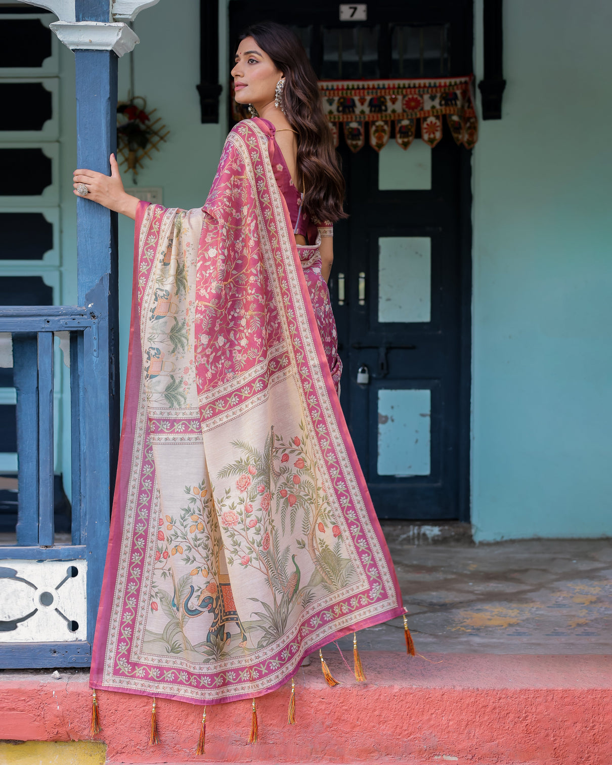 Rose pink handloom cotton saree with ivory elephant procession pallu floral print