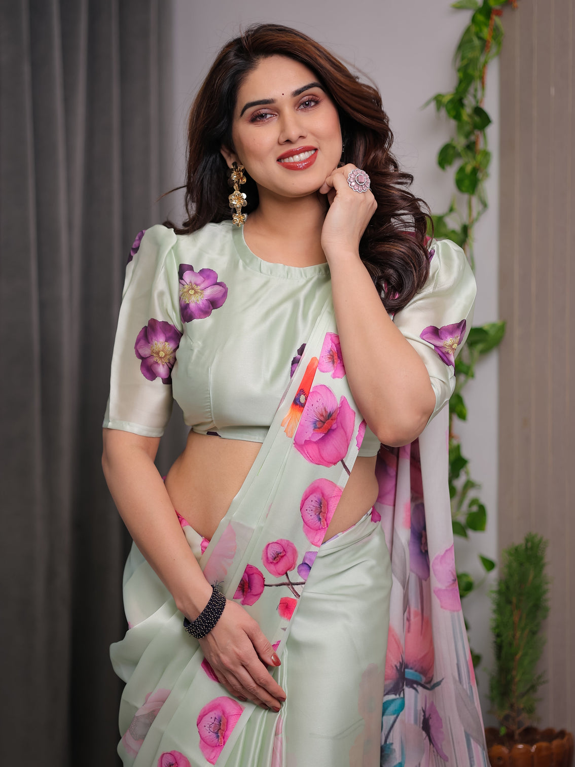 Mint green satin georgette floral printed saree with attached blouse soft pastel designer saree with watercolor bloom detailing