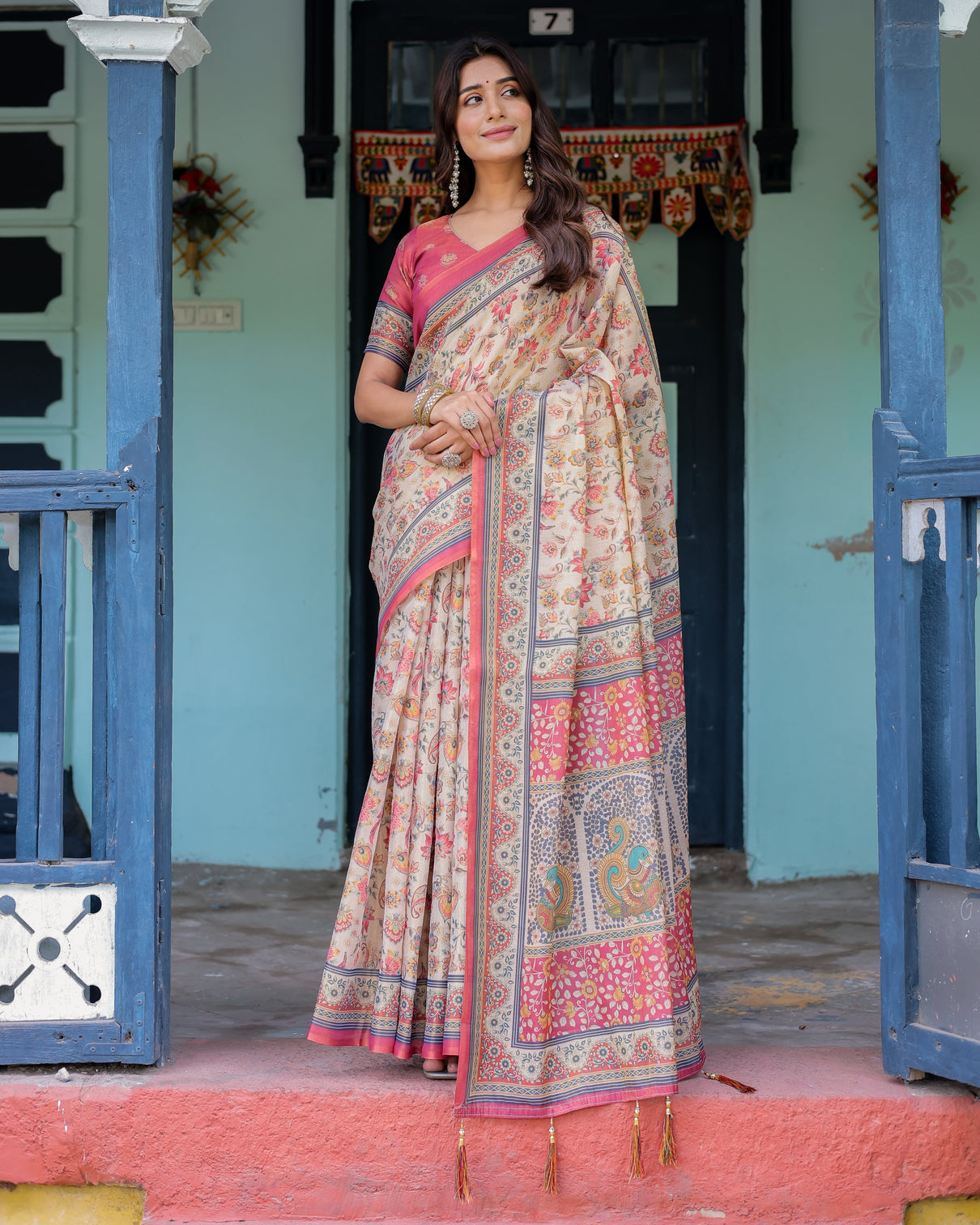 Ivory pink handloom cotton saree with floral print traditional peacock arch pallu mameraa
