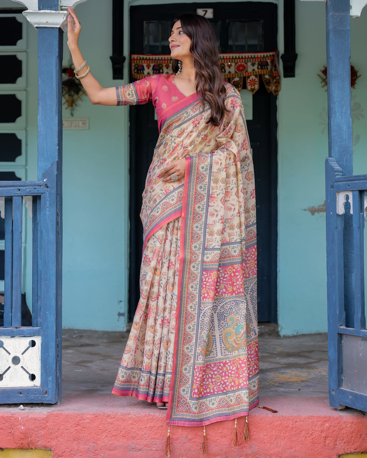 Ivory pink handloom cotton saree with floral print traditional peacock arch pallu