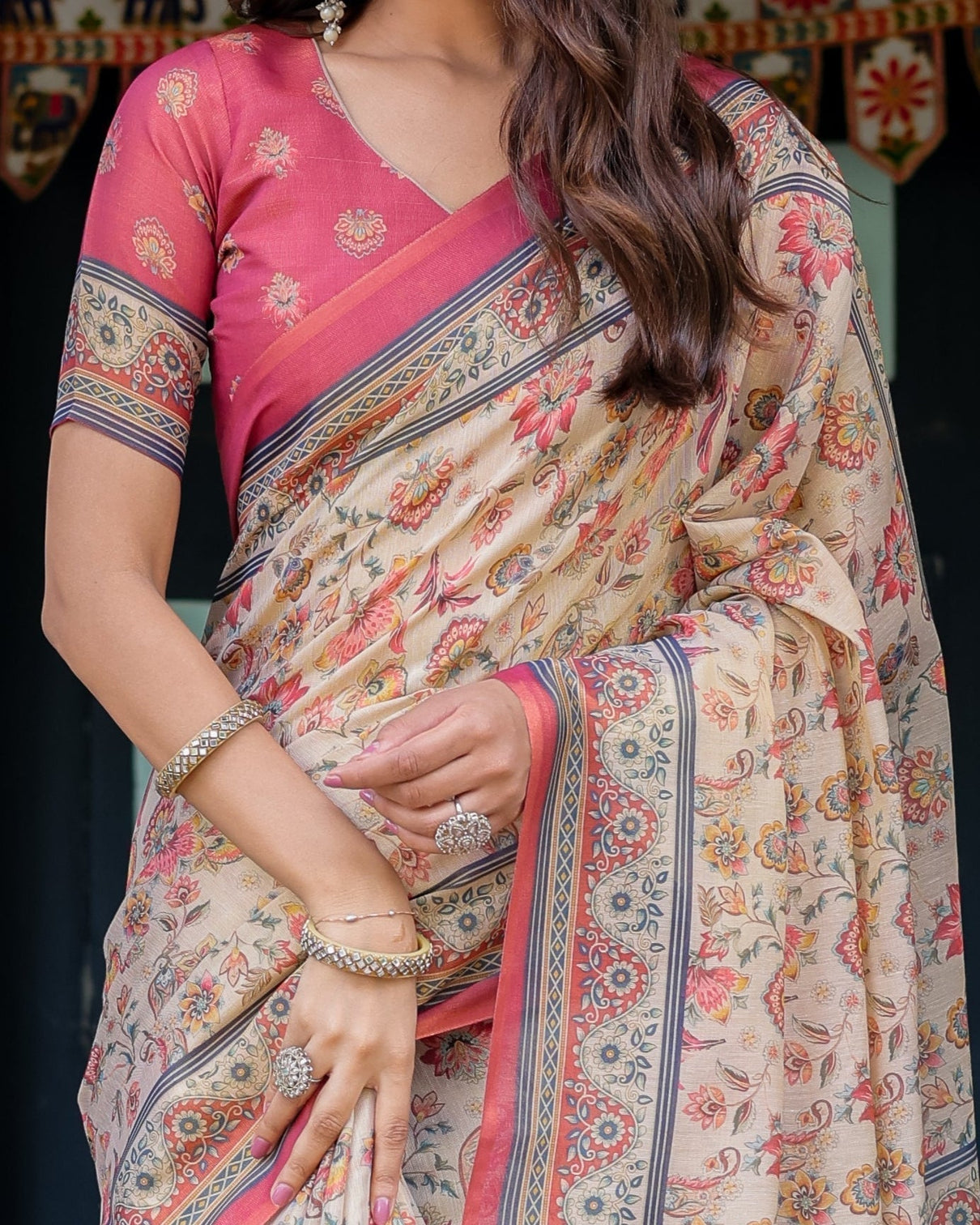 Ivory pink handloom cotton saree with floral print traditional peacock arch pallu
