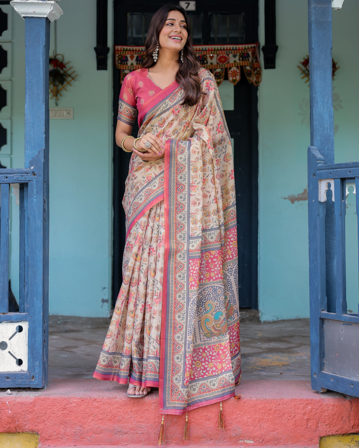 Ivory pink handloom cotton saree with floral print traditional peacock arch pallu