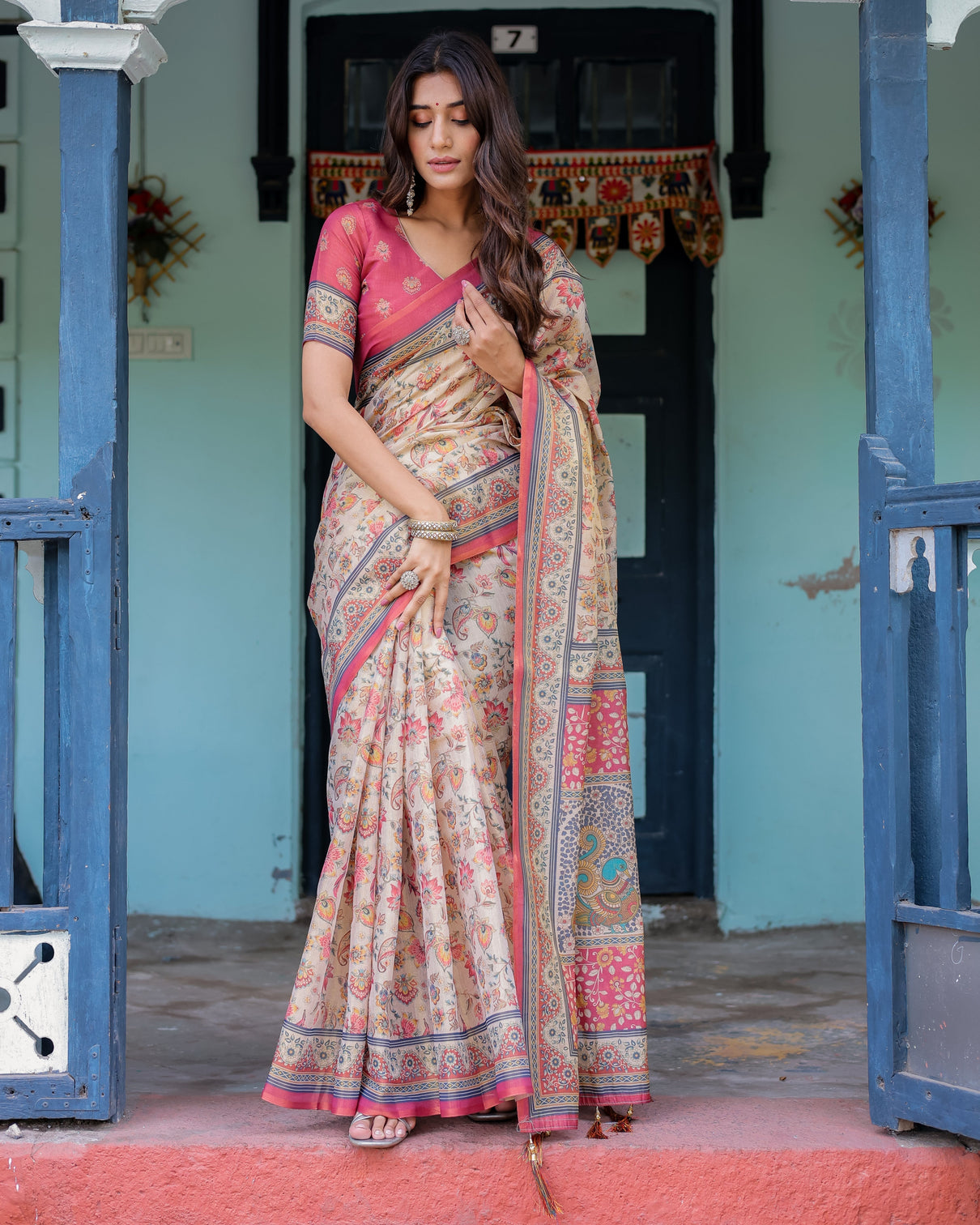 Ivory pink handloom cotton saree with floral print traditional peacock arch pallu