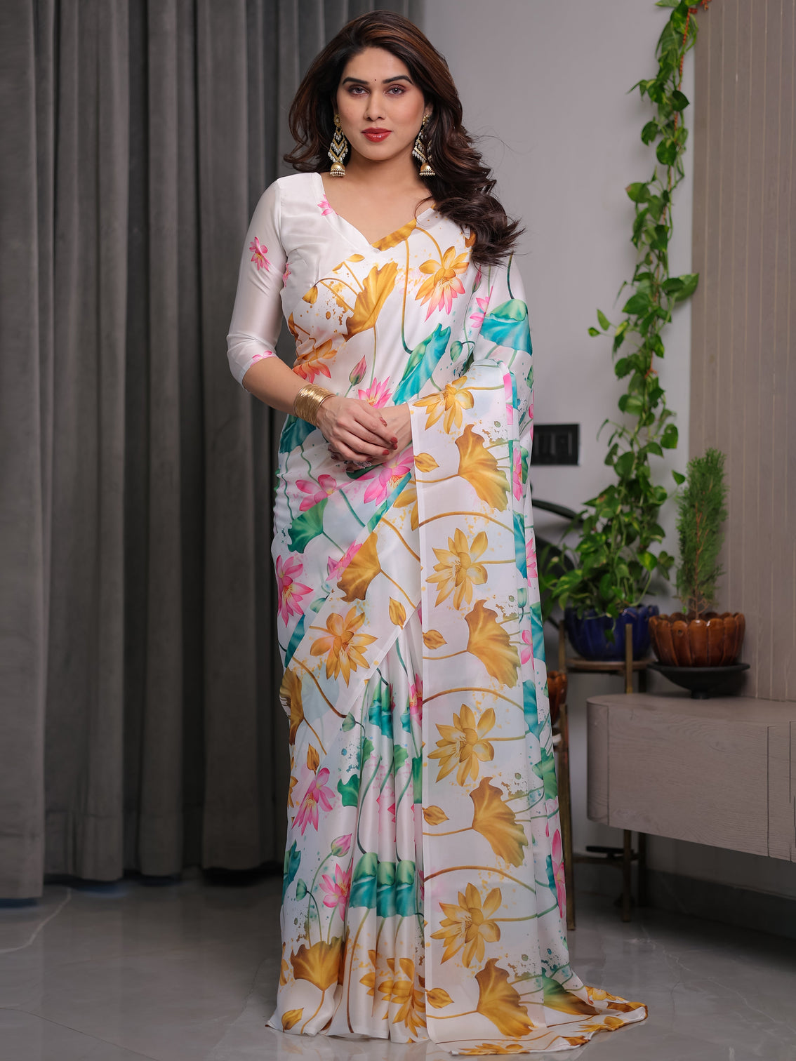 White satin georgette lotus floral printed saree with attached blouse elegant watercolor designer saree for festive graceful occasions mameraa