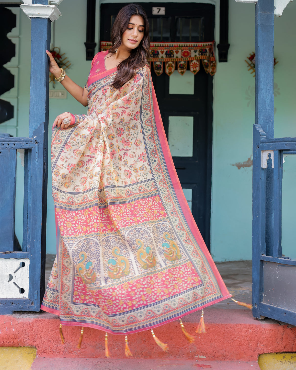 Ivory pink handloom cotton saree with floral print traditional peacock arch pallu