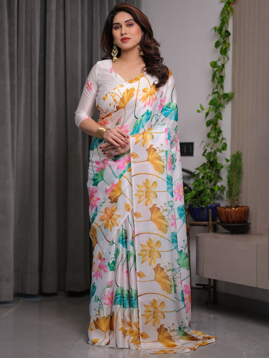 White satin georgette lotus floral printed saree with attached blouse elegant watercolor designer saree for festive graceful occasions