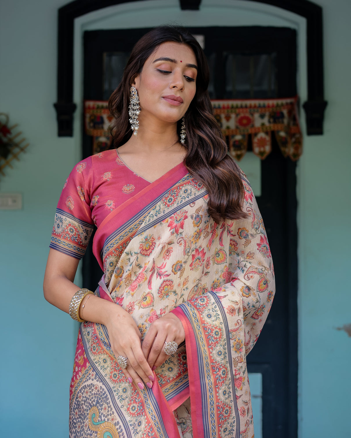 Ivory pink handloom cotton saree with floral print traditional peacock arch pallu