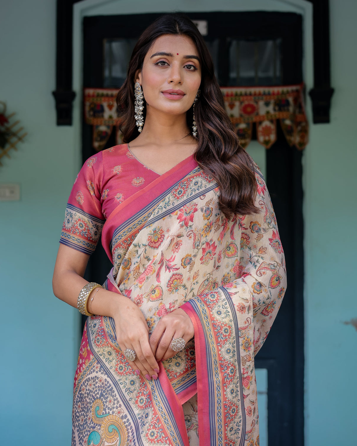 Ivory pink handloom cotton saree with floral print traditional peacock arch pallu