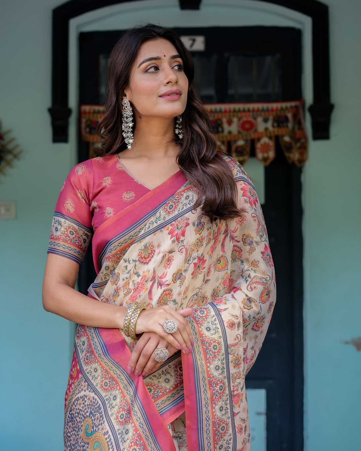 Ivory pink handloom cotton saree with floral print traditional peacock arch pallu