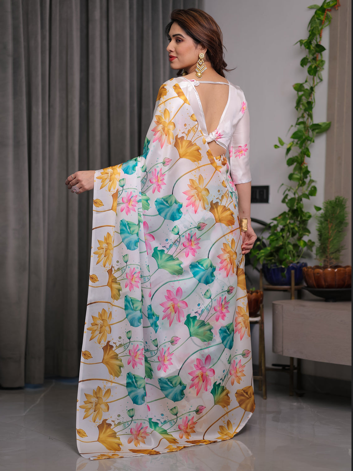White satin georgette lotus floral printed saree with attached blouse elegant watercolor designer saree for festive graceful occasions