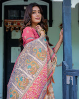Ivory Pink Handloom Cotton Saree with Floral Print & Traditional Peacock Arch Pallu