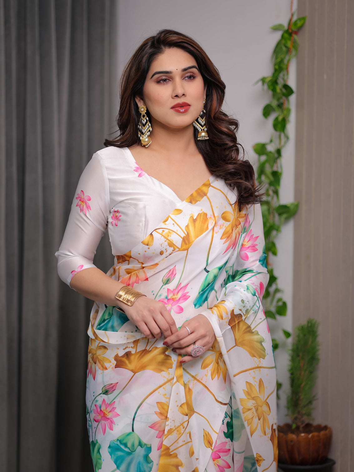 White satin georgette lotus floral printed saree with attached blouse elegant watercolor designer saree for festive graceful occasions