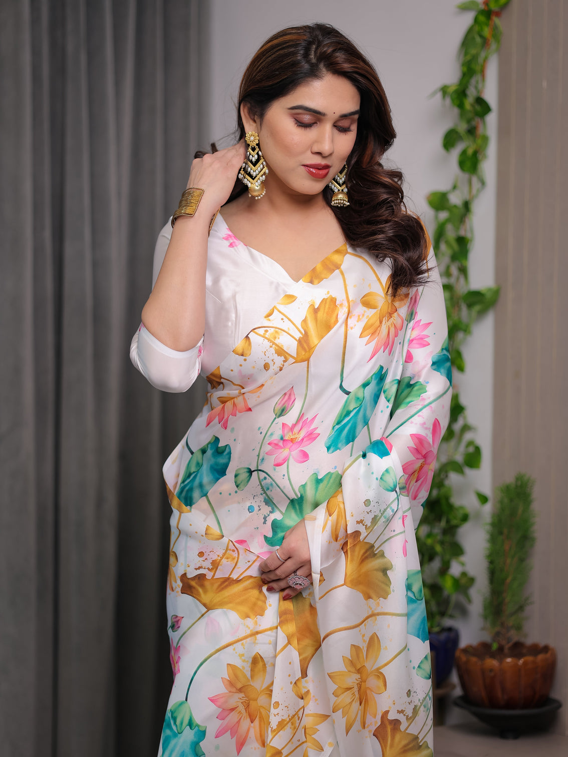White satin georgette lotus floral printed saree with attached blouse elegant watercolor designer saree for festive graceful occasions