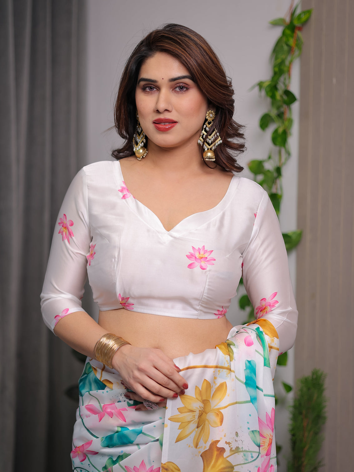 White satin georgette lotus floral printed saree with attached blouse elegant watercolor designer saree for festive graceful occasions