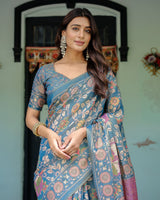 Dusty Blue Handloom Cotton Saree with Floral Print & Pink Cow Lotus Motif Pallu
