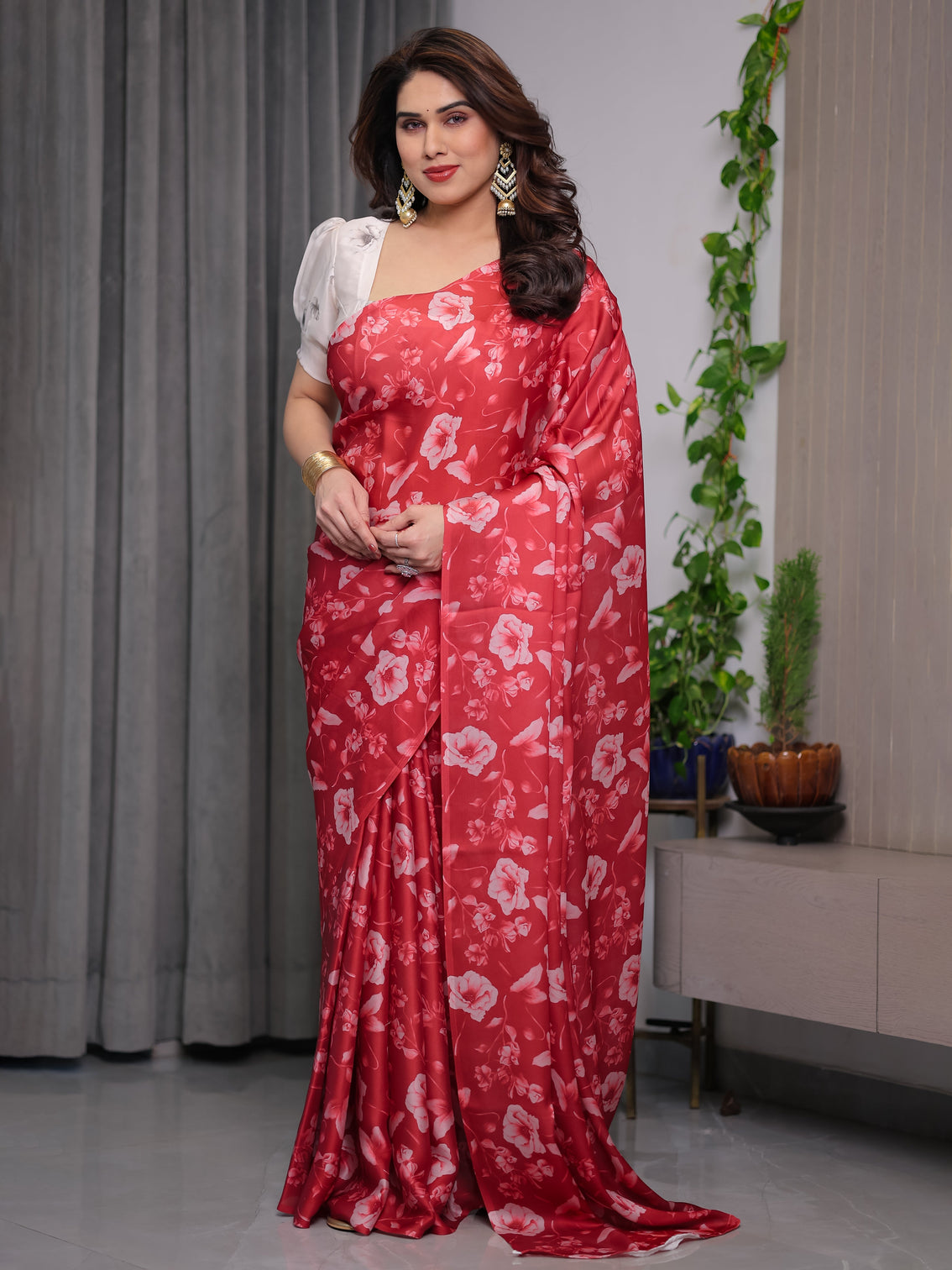 Red satin georgette floral printed saree with attached blouse elegant soft flow designer saree for parties festive wear