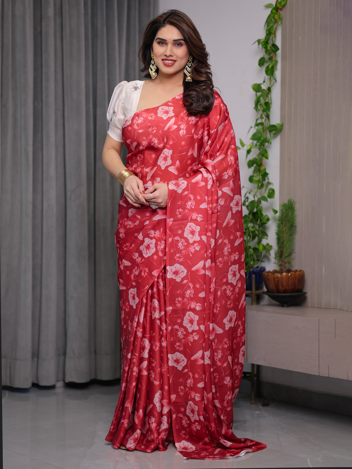Red satin georgette floral printed saree with attached blouse elegant soft flow designer saree for parties festive wear