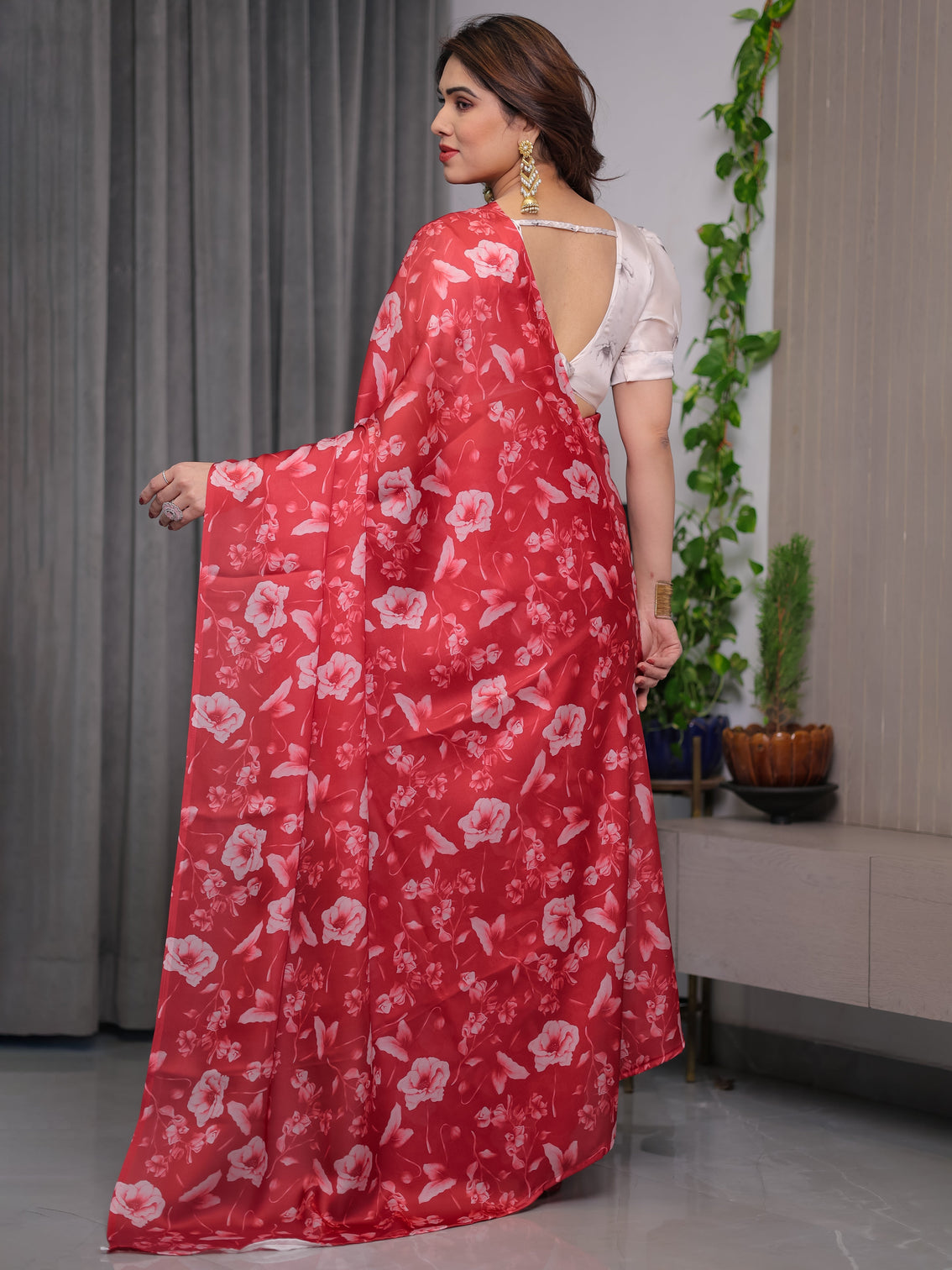 Red satin georgette floral printed saree with attached blouse elegant soft flow designer saree for parties festive wear
