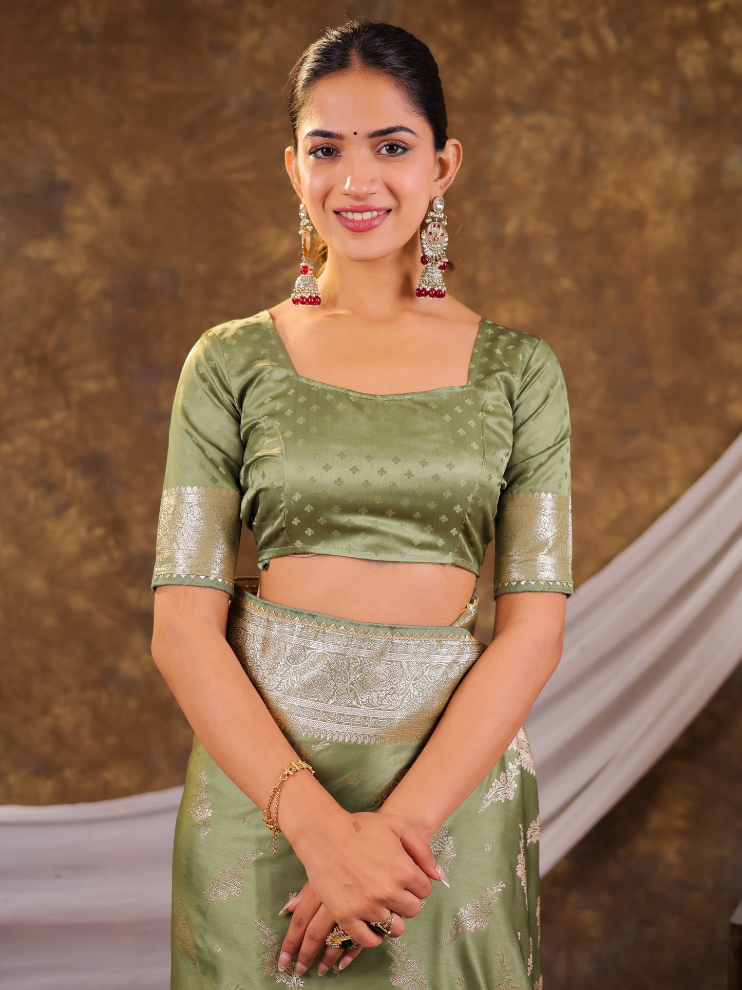 Sage Green Kanjivaram Banarasi Satin Silk Saree with Silver Zari Weaving, Designer Woven Pallu & Tassel Detailing