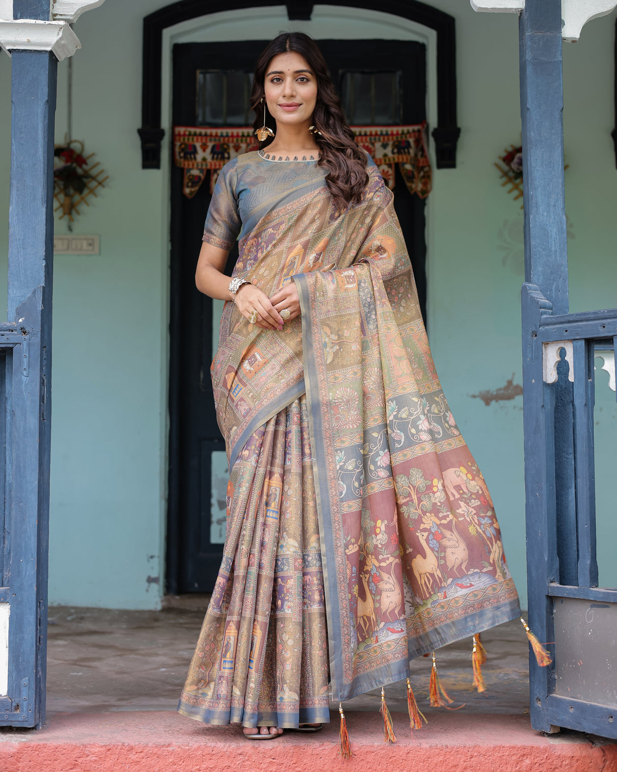 Rust beige handloom cotton saree with royal animal caravan scenic village pallu mameraa