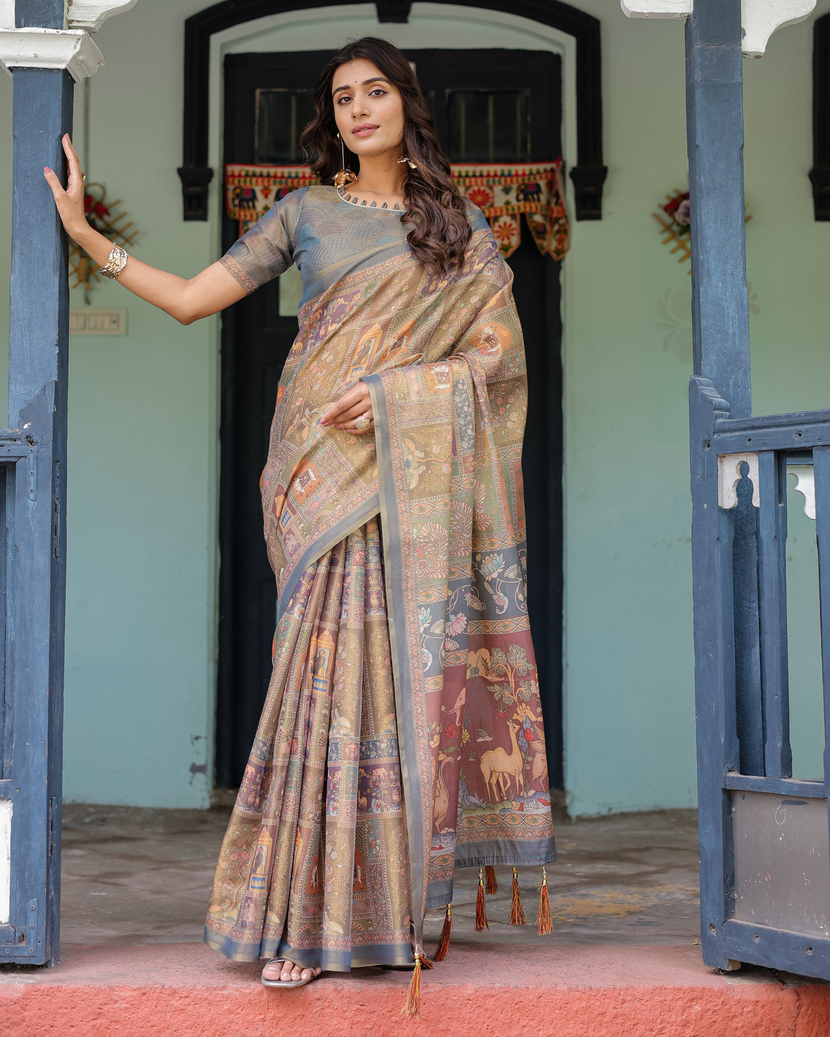 Rust beige handloom cotton saree with royal animal caravan scenic village pallu
