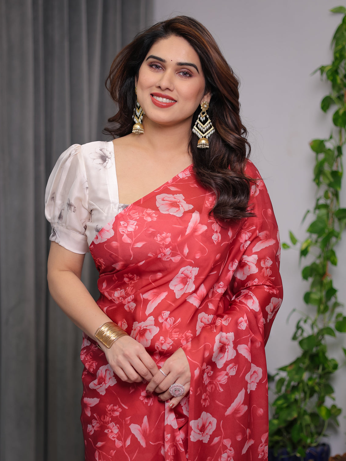 Red satin georgette floral printed saree with attached blouse elegant soft flow designer saree for parties festive wear