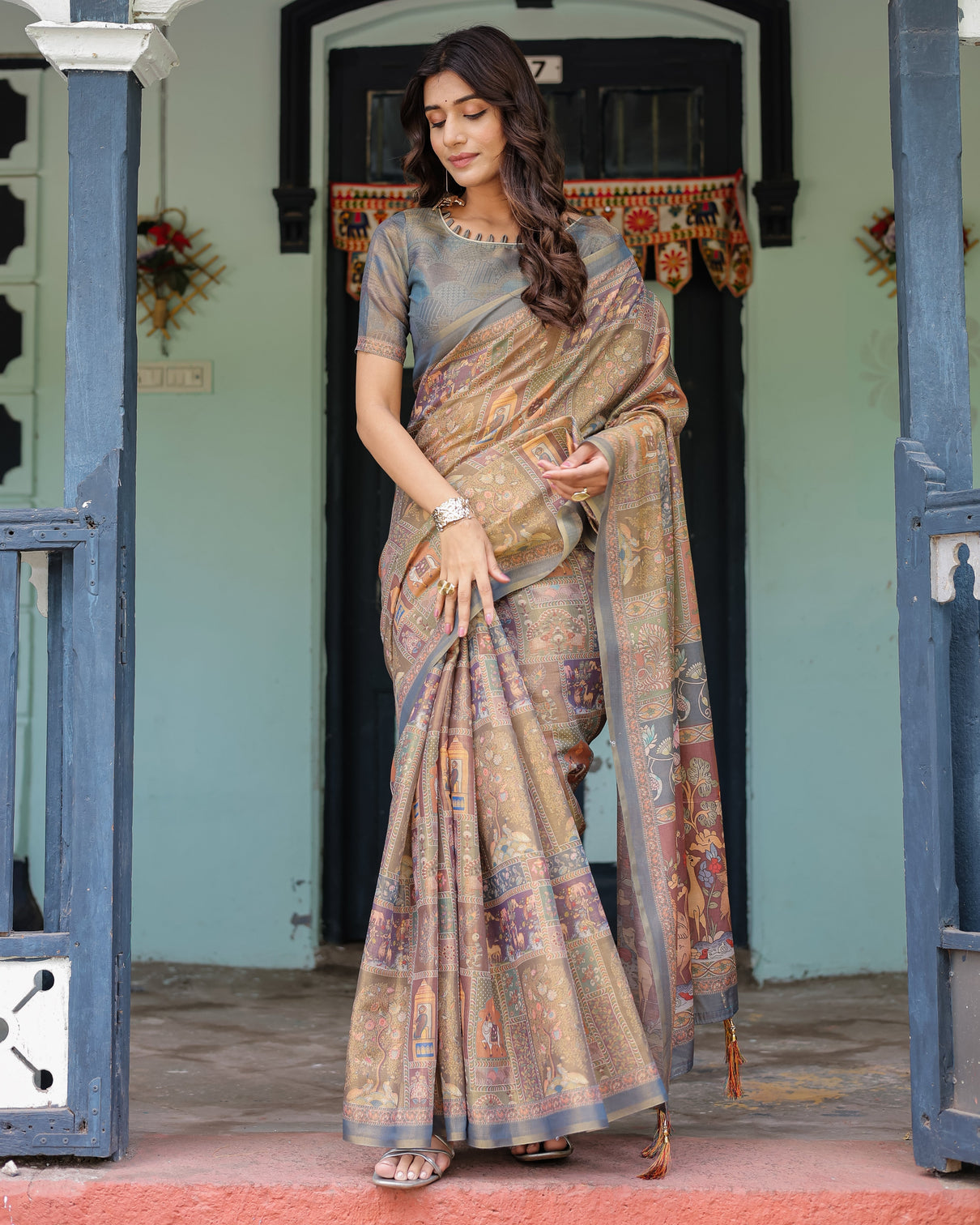 Rust beige handloom cotton saree with royal animal caravan scenic village pallu