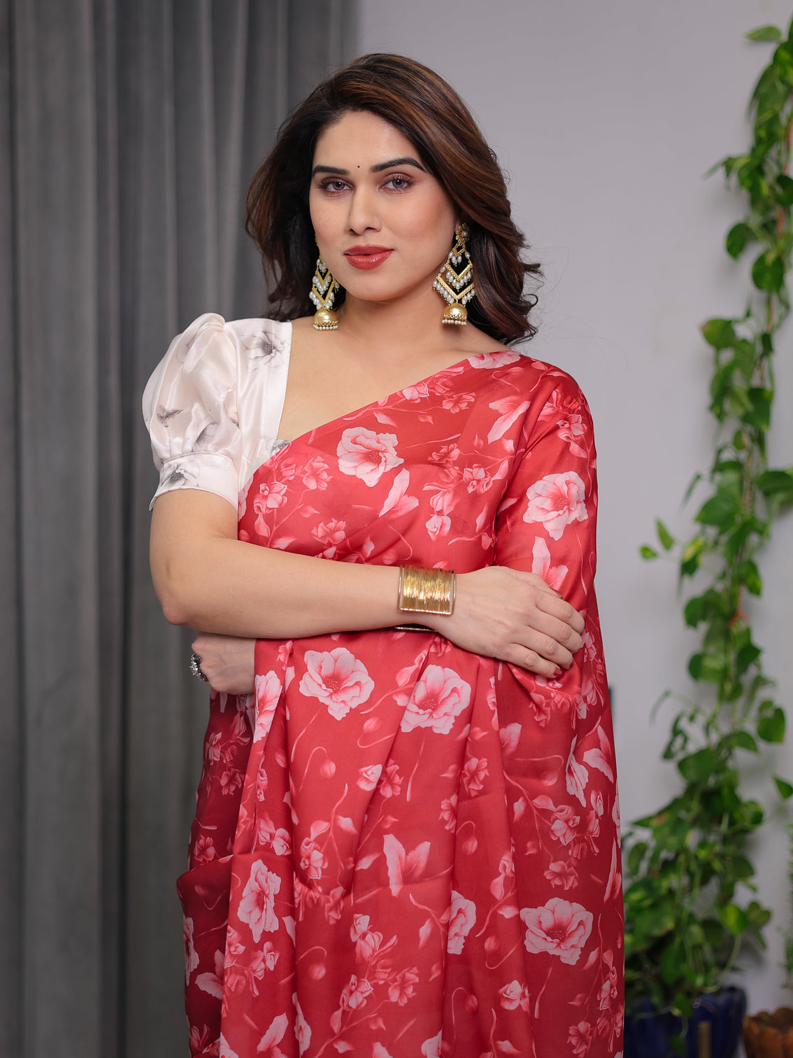 Red satin georgette floral printed saree with attached blouse elegant soft flow designer saree for parties festive wear