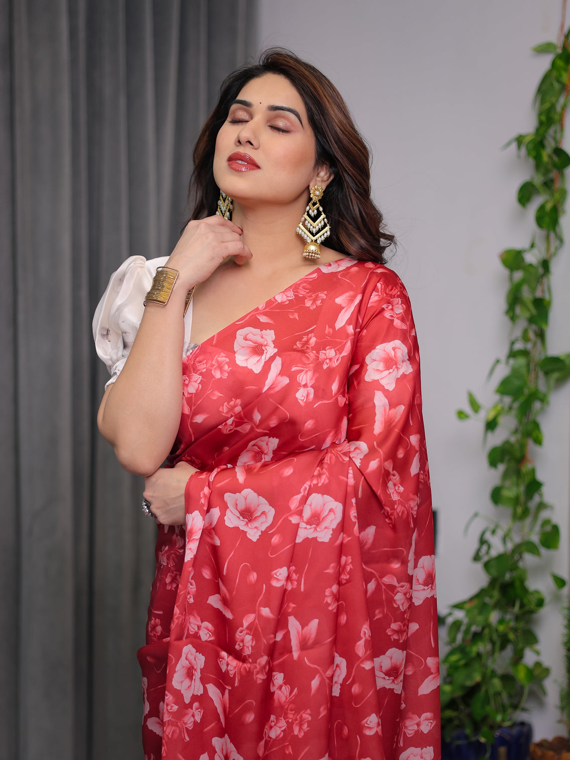 Red satin georgette floral printed saree with attached blouse elegant soft flow designer saree for parties festive wear