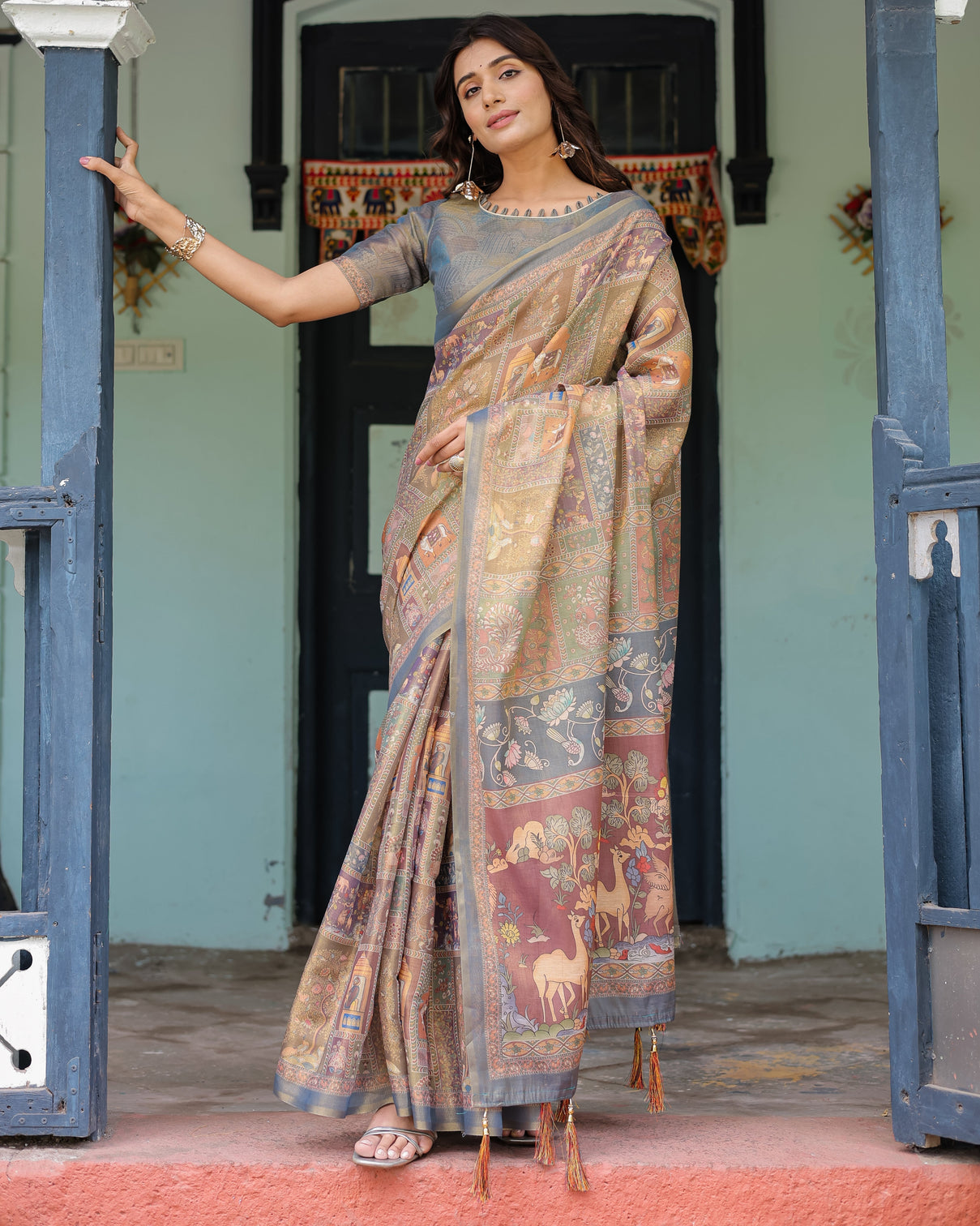 Rust beige handloom cotton saree with royal animal caravan scenic village pallu