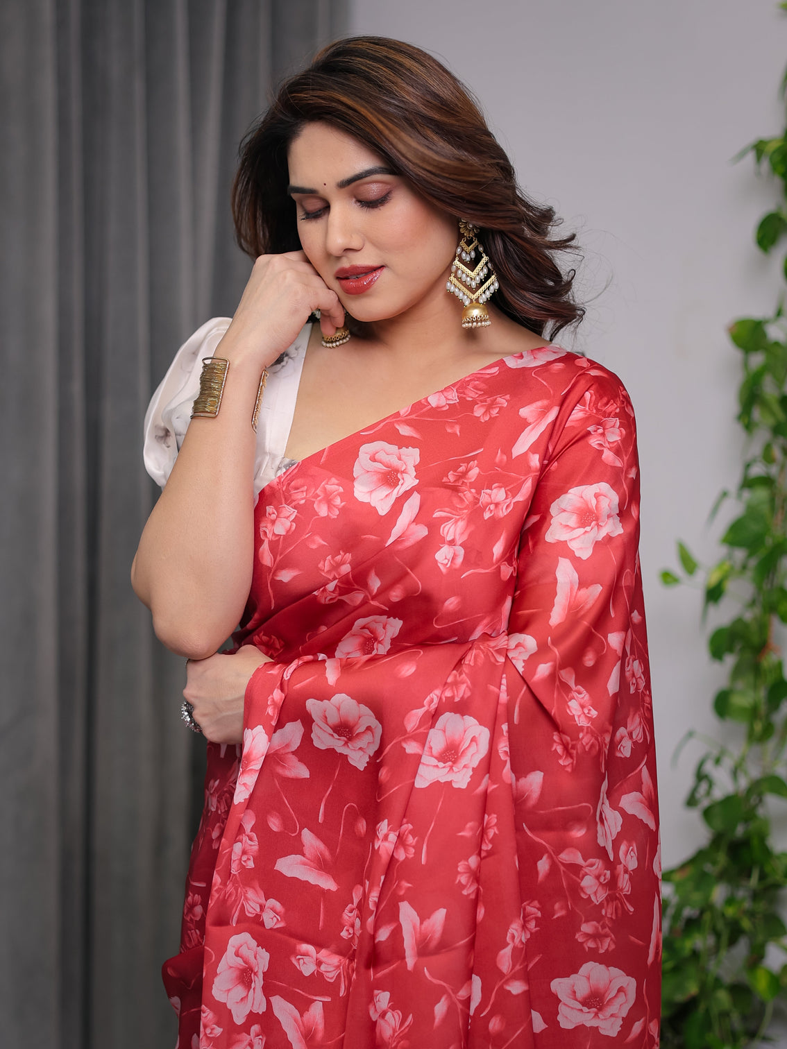 Red satin georgette floral printed saree with attached blouse elegant soft flow designer saree for parties festive wear