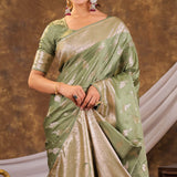 Sage Green Kanjivaram Banarasi Satin Silk Saree with Silver Zari Weaving, Designer Woven Pallu & Tassel Detailing
