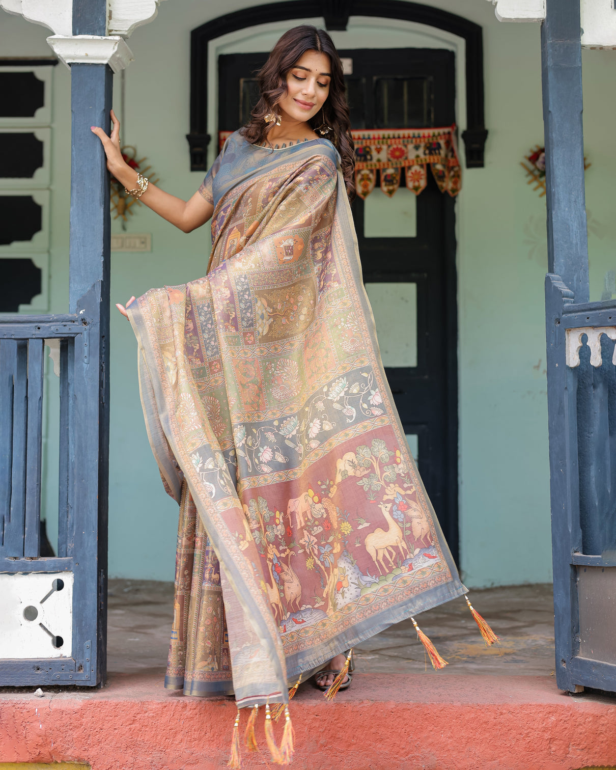 Rust beige handloom cotton saree with royal animal caravan scenic village pallu