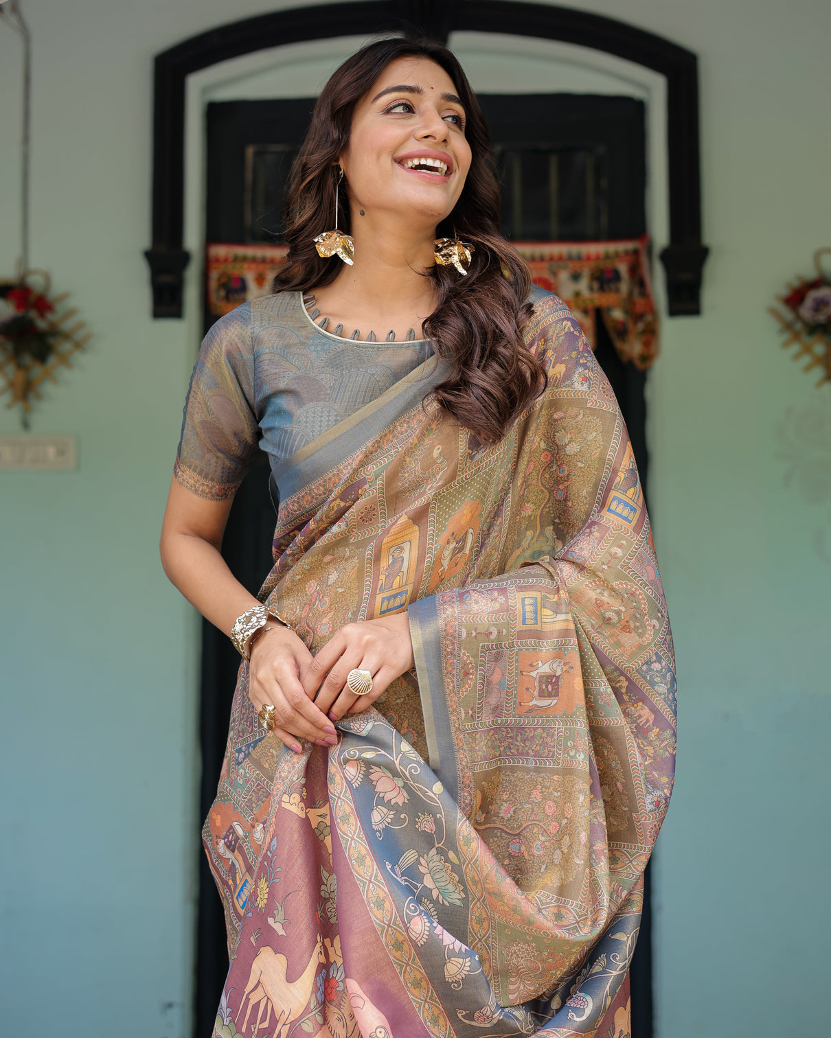 Rust beige handloom cotton saree with royal animal caravan scenic village pallu