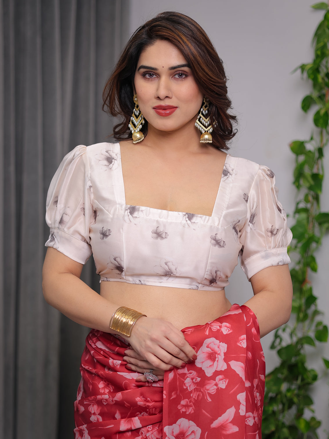 Red satin georgette floral printed saree with attached blouse elegant soft flow designer saree for parties festive wear