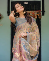 Rust Beige Handloom Cotton Saree with Royal Animal Caravan & Scenic Village Pallu