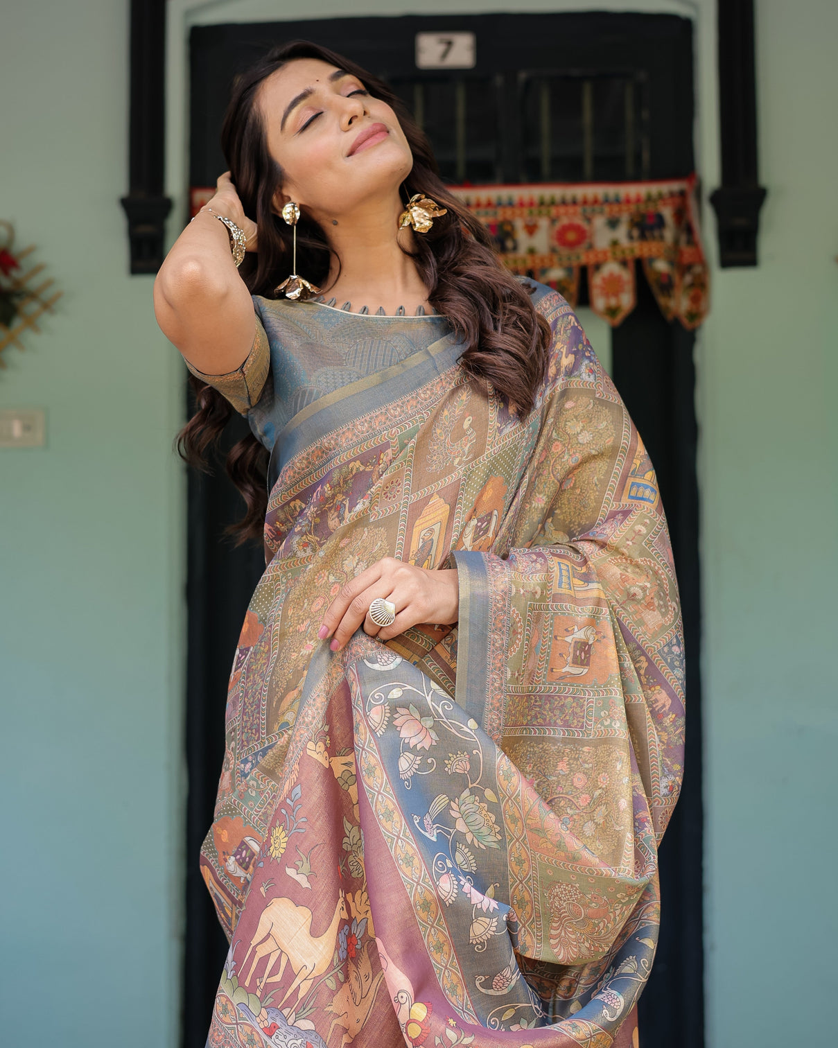 Rust beige handloom cotton saree with royal animal caravan scenic village pallu
