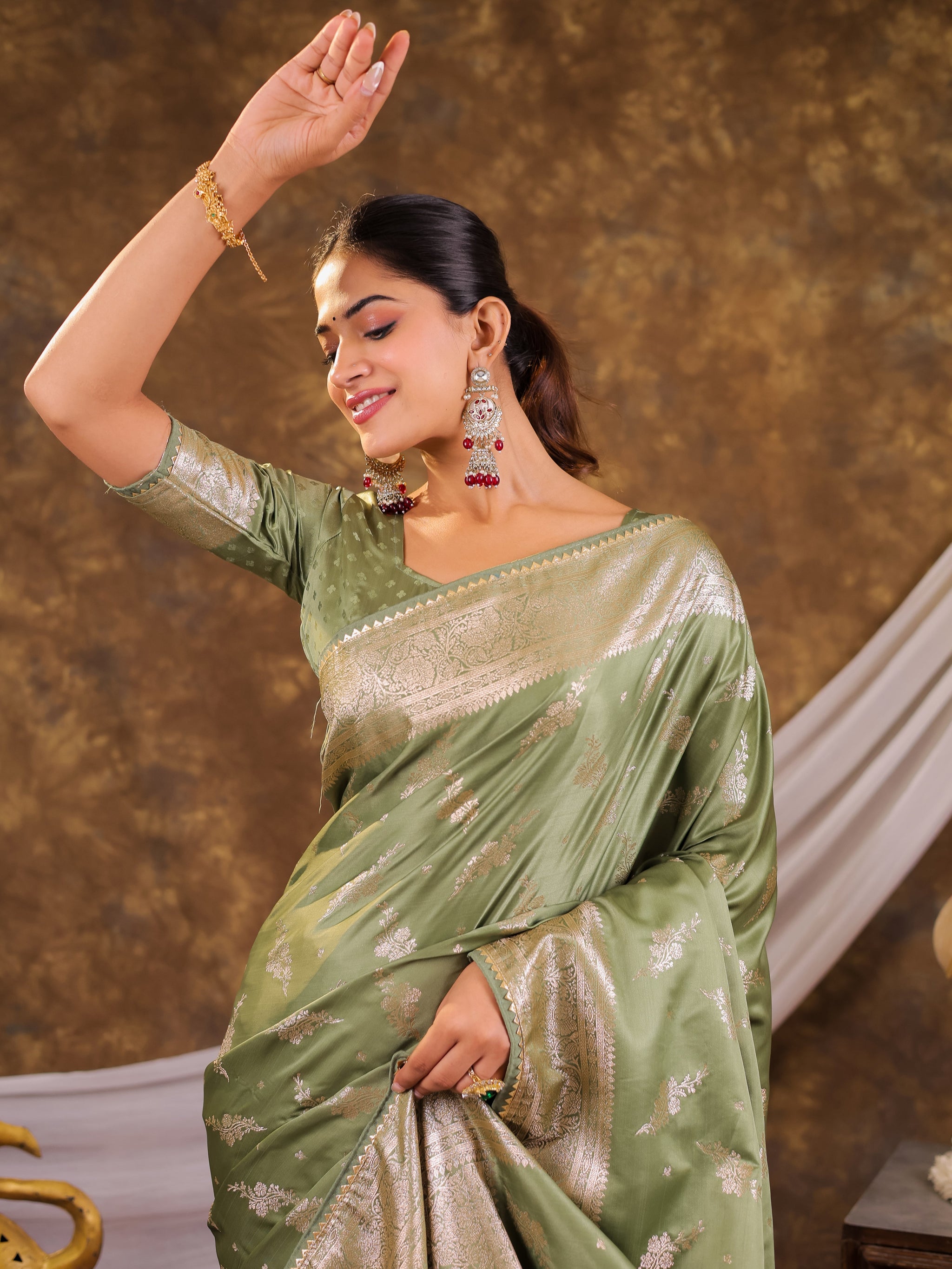 Sage Green Kanjivaram Banarasi Satin Silk Saree with Silver Zari Weaving, Designer Woven Pallu & Tassel Detailing