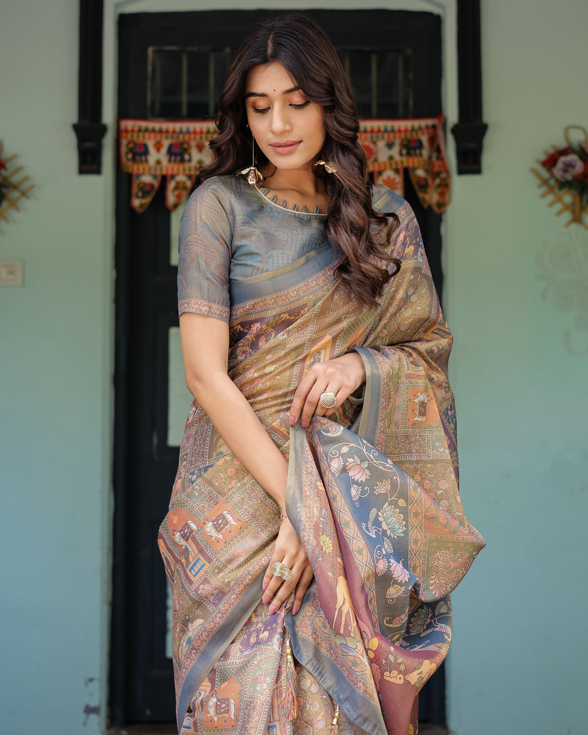 Rust beige handloom cotton saree with royal animal caravan scenic village pallu