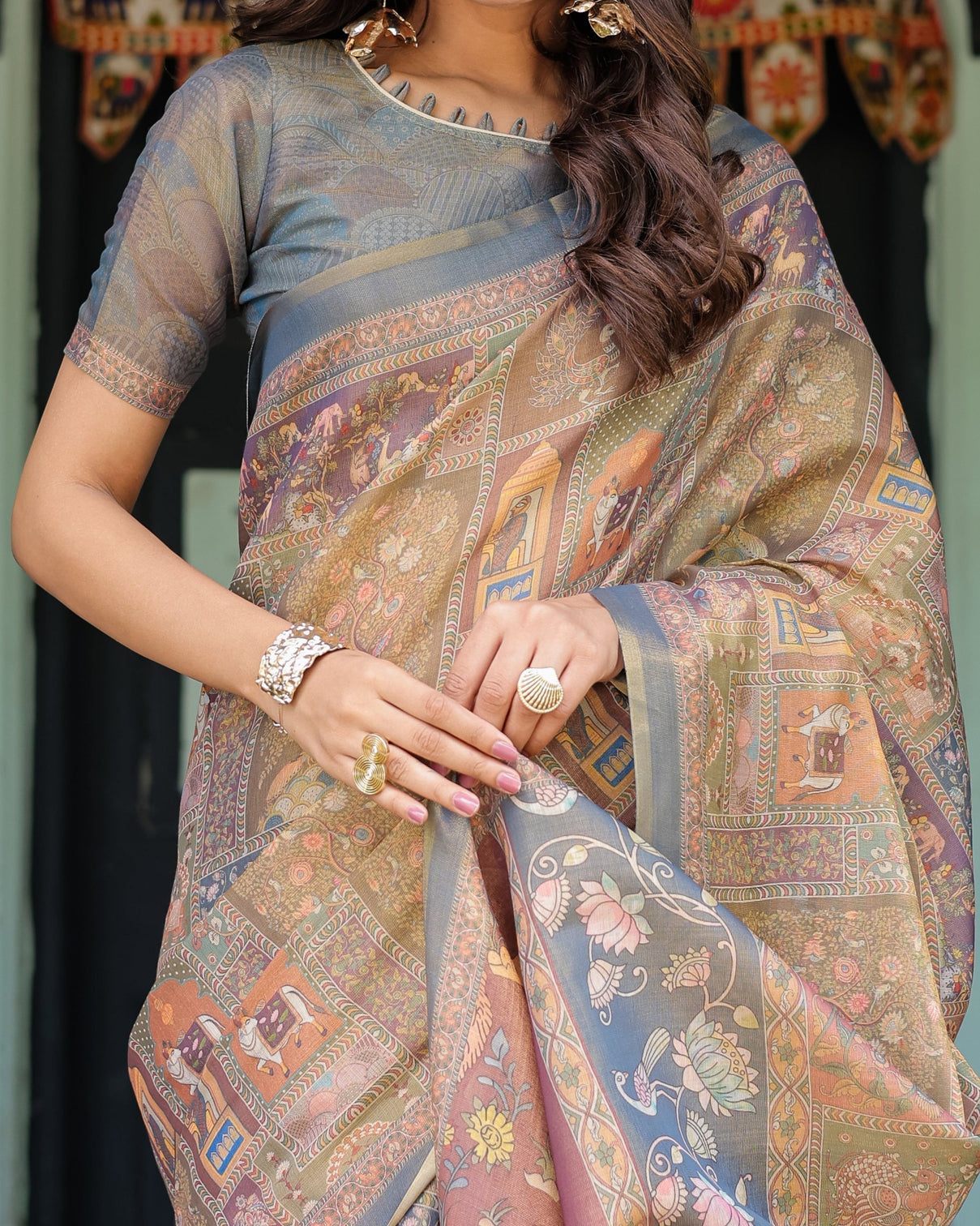 Rust beige handloom cotton saree with royal animal caravan scenic village pallu