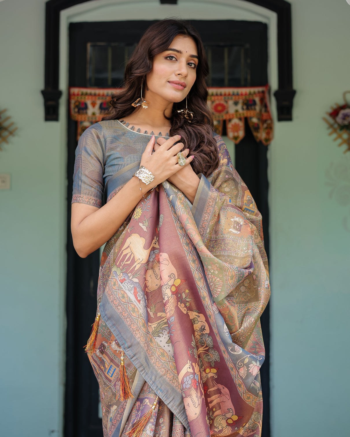 Rust beige handloom cotton saree with royal animal caravan scenic village pallu