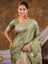 Sage Green Kanjivaram Banarasi Satin Silk Saree with Silver Zari Weaving, Designer Woven Pallu & Tassel Detailing