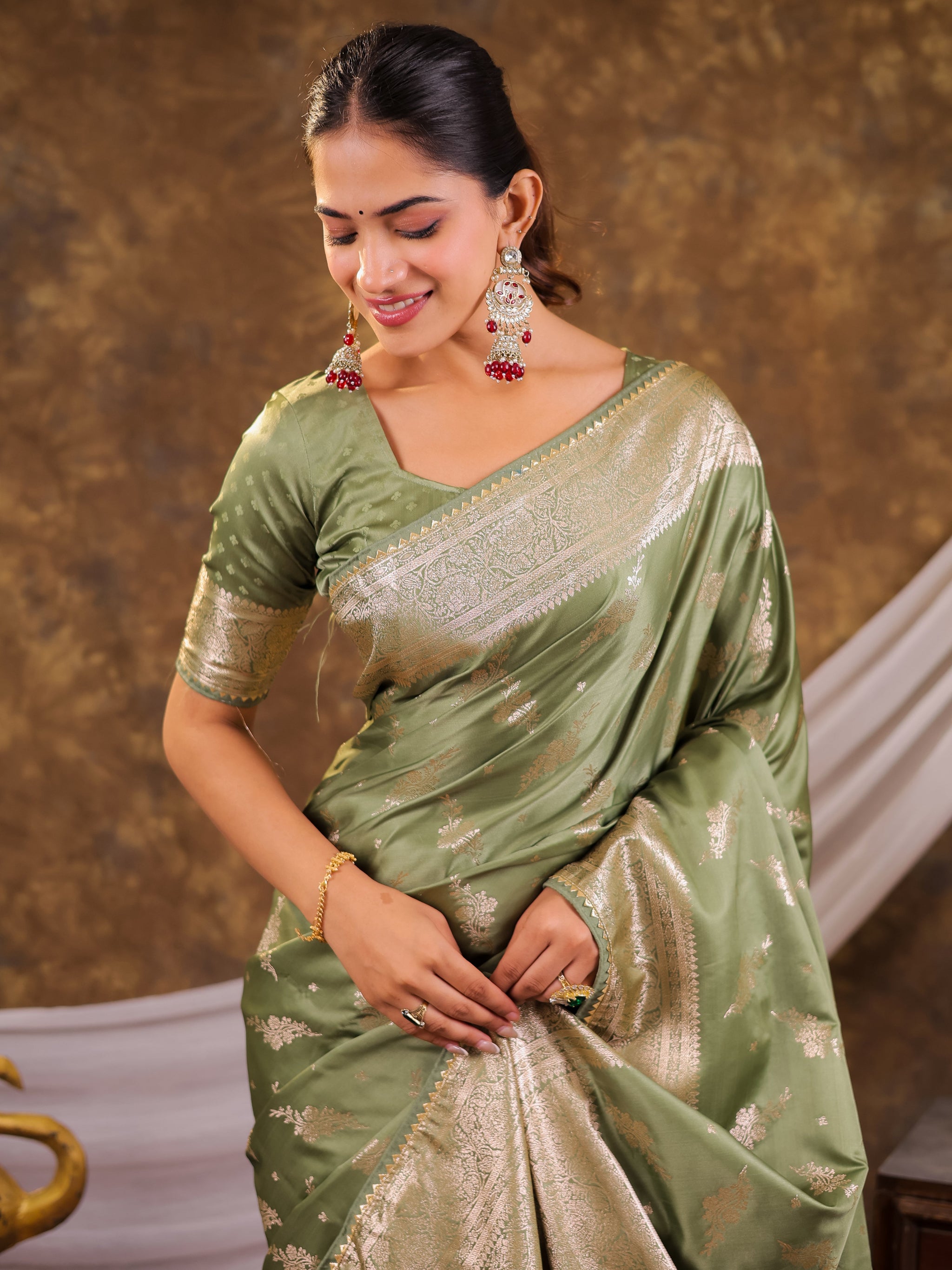 Sage Green Kanjivaram Banarasi Satin Silk Saree with Silver Zari Weaving, Designer Woven Pallu & Tassel Detailing